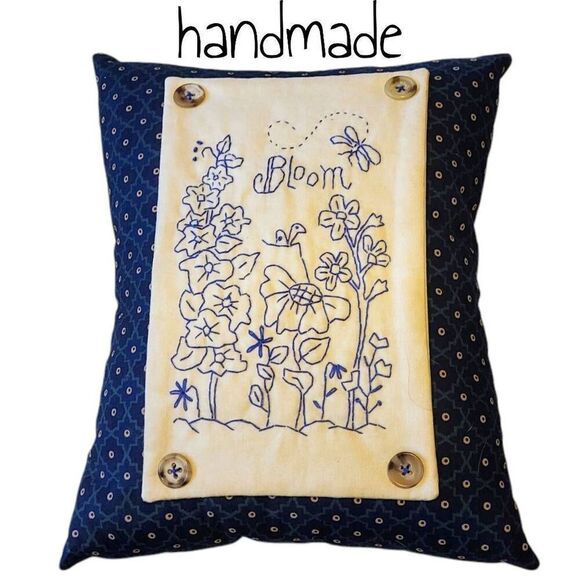 Handmade Embroidered Antique Vintage Primitive Wildflower Country Cottage Pillow - Picture 1 of 3